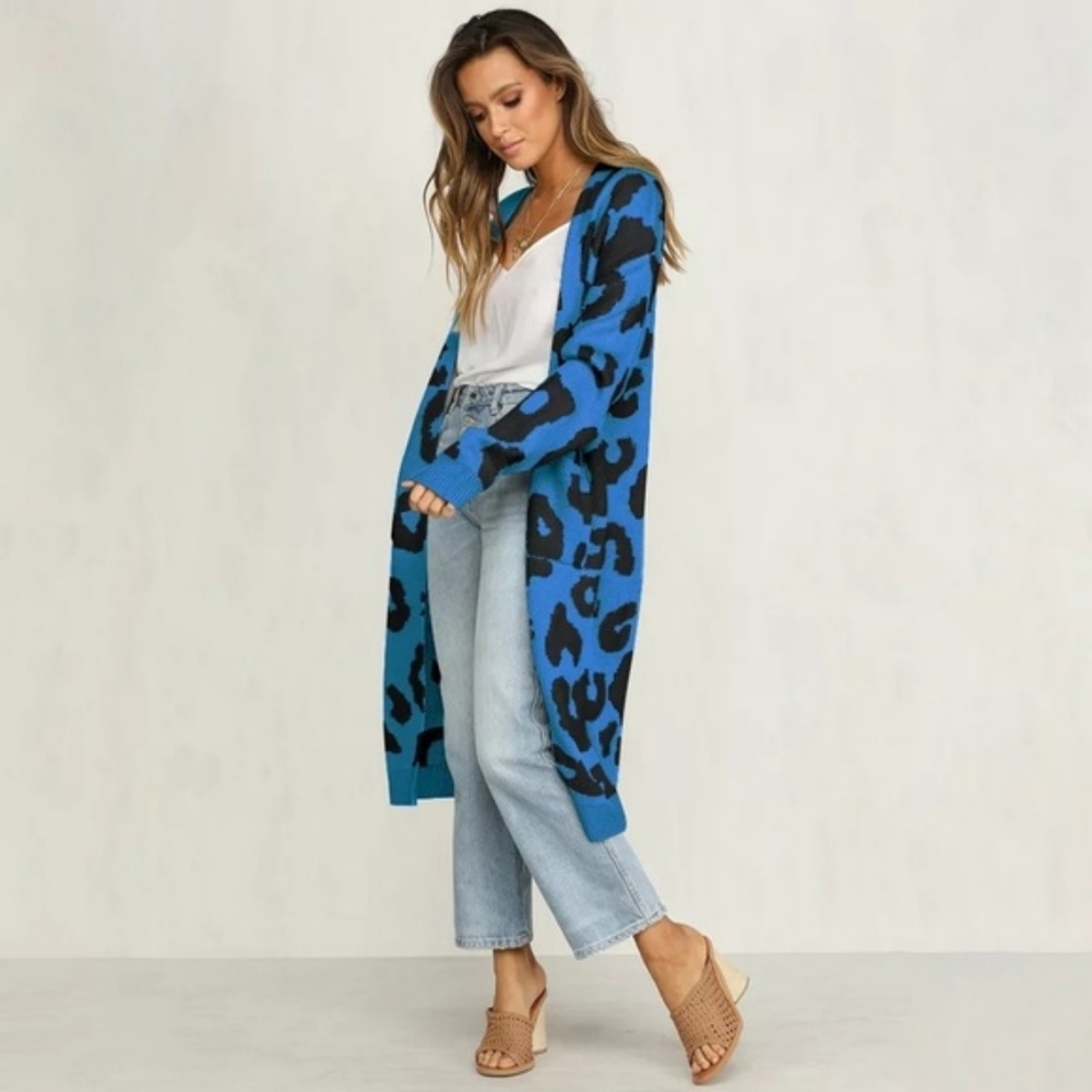 New Blue Leopard Print Long Cardigan Sweater - Picture 3 of 6